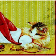 Serwetka do decoupage kotek z myszką i czapką Mikołaja 33x33 DUNI. Unikat