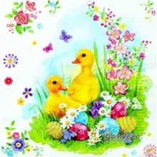 Serwetka do decoupage kaczuszki, pisanki i kwiatki 33x33 HANKE Unikat