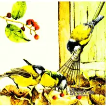 Serwetka do decoupage sikorki, grabie i liście 25x25 NOUVEAU Unikat