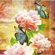 Serwetka do decoupage różowe kwiaty, niebieskie motyle 33x33 PIXIE Unikat