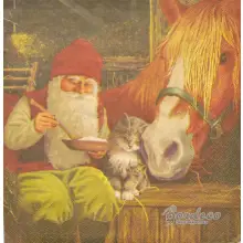 Serwetka do decoupage Mikołaj w stajni z koniem i kotkiem 33x33 PPD Unikat