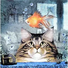 Serwetka do decoupage kot i złota rybka 25x25 PPD Unikat