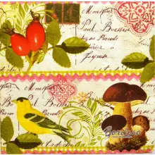 Serwetka do decoupage grzyby, owoce dzikiej róży i żółty ptak 33x33 Paper+Design Unikat