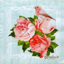 Serwetka do decoupage trzy różowe róże i ptaszek 33x33 TETEaTETE Unikat