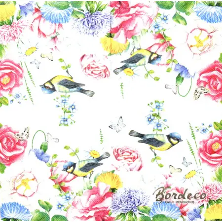Serwetka do decoupage akwarelowe kwiaty i ptaszek 25x25 AMBIENTE Unikat