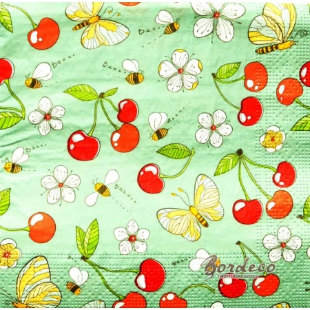 Serwetka do decoupage czereśnie, motylki, pszczółki i kwiatuszki 33x33 Atelier