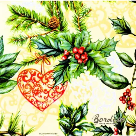 Serwetka do decoupage ostrokrzew i serce zawieszka  33x33 Ambiente Unikat