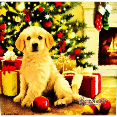 Serwetka do decoupage mały labrador przy choince 33x33 Ambiente Unikat