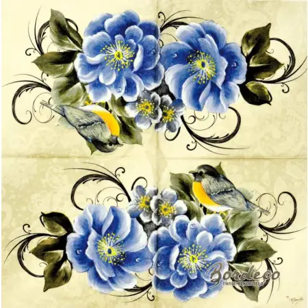 Serwetka do decoupage niebieskie kwiaty i ptaszek 33x33 Ambiente Unikat