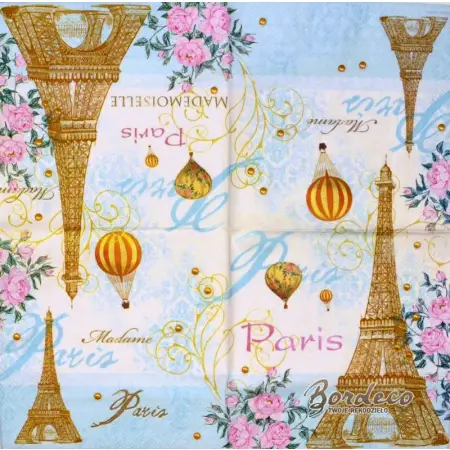 Serwetka do decoupage wieża Eiffla w różach 33x33 Ambiente Unikat