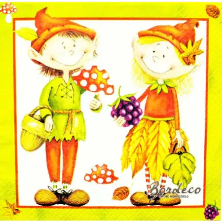 Serwetka do decoupage leśne skrzaty na grzybobraniu 33x33 Atelier Unikat