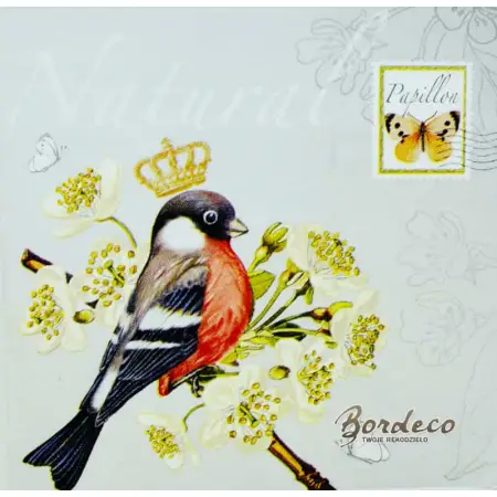 Serwetka do decoupage gil na kwitnącej gałązce, korona i znaczek 33x33 Atelier Unikat