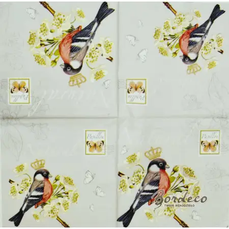 Serwetka do decoupage gil na kwitnącej gałązce, korona i znaczek 33x33 Atelier Unikat