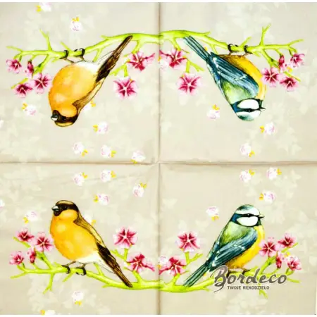 Serwetka do decoupage sikorka i gil na kwitnącej gałązce 33x33 Atelier Unikat