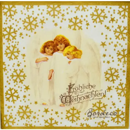Serwetka do decoupage trzy aniołki i złote śnieżynki 33x33 Atelier Unikat