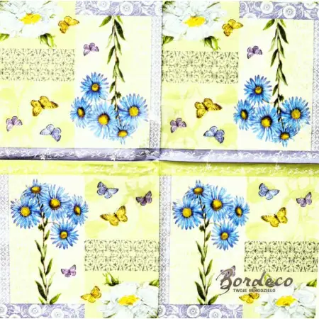Serwetka do decoupage niebieskie  kwiatki i motylki  33x33AVANT GARDE. Unikat.