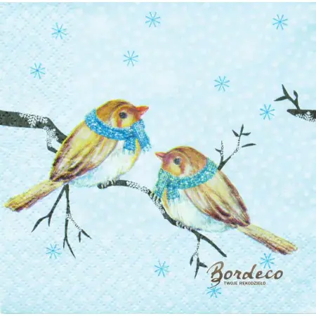 Serwetka do decoupage dwa ptaszki w szalikach na gałązce 25x25 COCKTAIL.Unikat