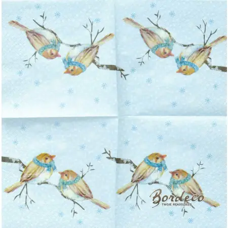 Serwetka do decoupage dwa ptaszki w szalikach na gałązce 25x25 COCKTAIL.Unikat