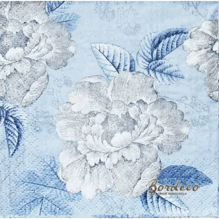 Serwetka do decoupage szare róże, szkic na niebieskim tle 25x25 COCKTAIL.Unikat