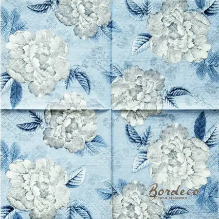 Serwetka do decoupage szare róże, szkic na niebieskim tle 25x25 COCKTAIL.Unikat