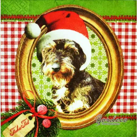 Serwetka do decoupage mały piesek w złotej ramce 33x33 COLOURFUL Unikat