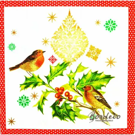 Serwetka do decoupage ptaszki i gałązka ostrokrzewu 33x33 COLOURFUL Unikat