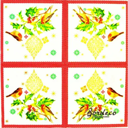 Serwetka do decoupage ptaszki i gałązka ostrokrzewu 33x33 COLOURFUL Unikat