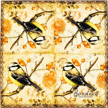 Serwetka do decoupage sikorka na gałązce dzikiej róży 33x33 COLOURFUL Unikat