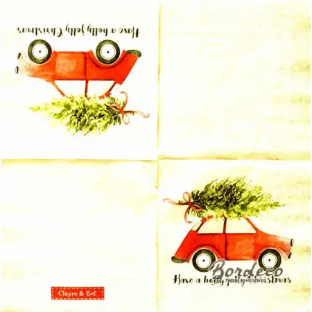 Serwetka do decoupage czerwone auto z choinką na dachu  33x33 CLAYRE@EEF Unikat