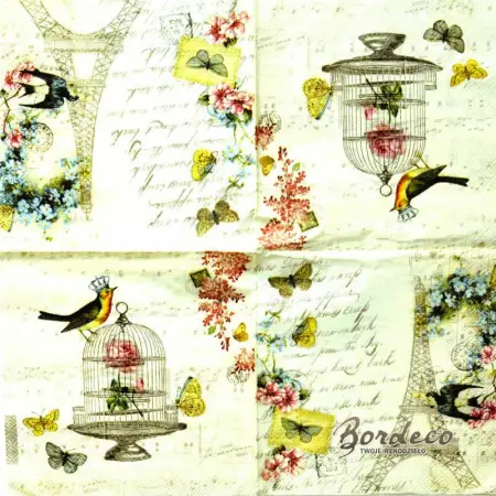 Serwetka do decoupage wieża Eiffla i klatka dla ptaków, vintage 33x33 CLAYRE@EEF Unikat