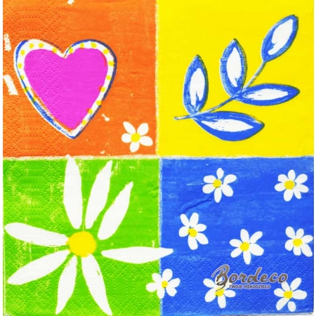 Serwetka do decoupage cztery obrazki kwiatki i serce 33x33 DUNI Unikat