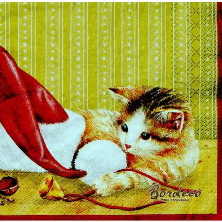 Serwetka do decoupage kotek z myszką i czapką Mikołaja 33x33 DUNI. Unikat
