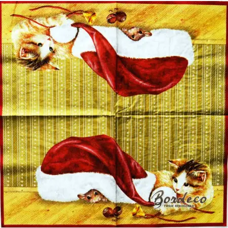 Serwetka do decoupage kotek z myszką i czapką Mikołaja 33x33 DUNI. Unikat