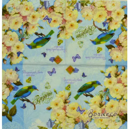 Serwetka do decoupage kolorowy ptaszek i białe róże 33x33 DUNI. Unikat