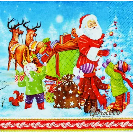 Serwetka do decoupage Mikołaj, dzieci i sanie z reniferami 33x33 DAISY Unikat