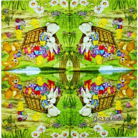Serwetka do decoupage wielkanocna scenka z króliczkami i pisklakami 33x33 Daisy Unikat