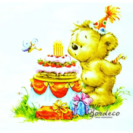 Serwetka do decoupage urodziny misia z tortem 33x33 DAISY Unikat