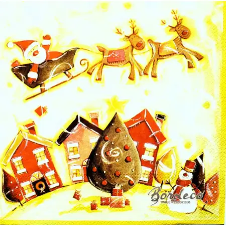 Serwetka do decoupage zaprzęg Mikołaja nad domkami 33x33 Daisy Unikat