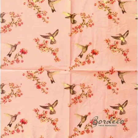 Serwetka do decoupage kolibry i kwiatuszki na różowym tle 33x33 H&M Unikat