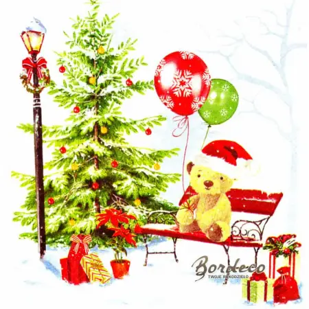 Serwetka do decoupage miś na ławeczce z balonami 33x33 HOLMBLAD. Unikat