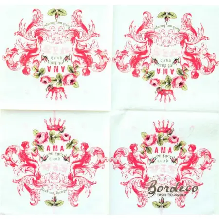 Serwetka decoupage herb z koroną, różą i dwoma amorami 33x33 HRC Unikat