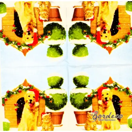 Serwetka do decoupage pies z kotem w czapkach 33x33 IHR Unikat