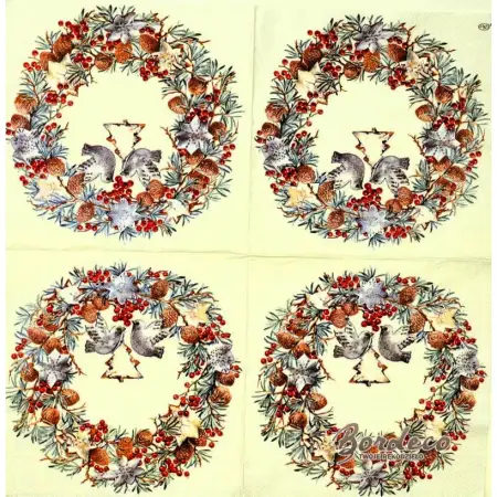 Serwetka do decoupage wianek świąteczny z ptaszkami 33x33 IHR Unikat