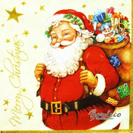 Serwetka do decoupage Mikołaj z workiem i złota choinka 33x33 MAKI, Unikat