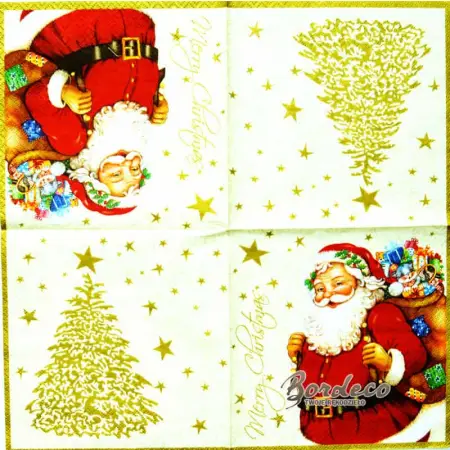 Serwetka do decoupage Mikołaj z workiem i złota choinka 33x33 MAKI, Unikat