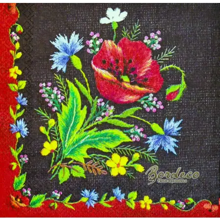 Serwetka do decoupage mak haftowany, czarne tło 33x33 MAKI