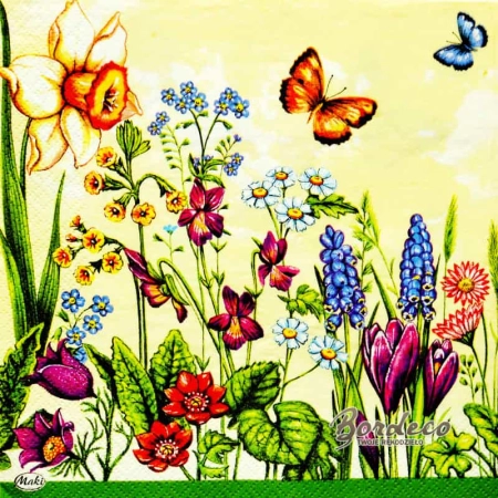 Serwetka do decoupage łąka wiosennych kwiatów z motylkami 33x33 MAKI