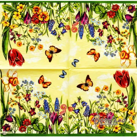 Serwetka do decoupage łąka wiosennych kwiatów z motylkami 33x33 MAKI