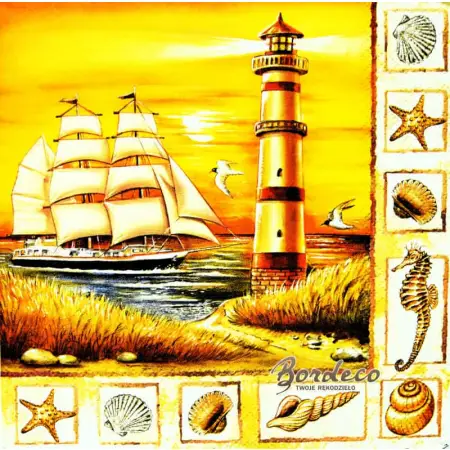 Serwetka do decoupage żaglowiec, latarnia morska i muszle 33x33 MAKI Unikat