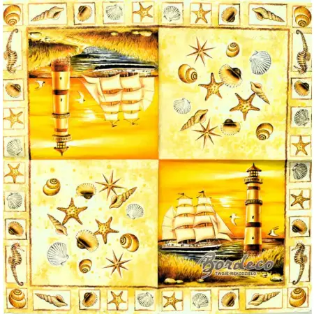 Serwetka do decoupage żaglowiec, latarnia morska i muszle 33x33 MAKI Unikat